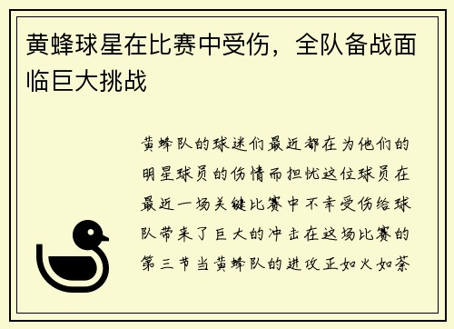 黄蜂球星在比赛中受伤，全队备战面临巨大挑战