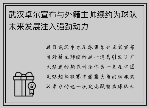 武汉卓尔宣布与外籍主帅续约为球队未来发展注入强劲动力